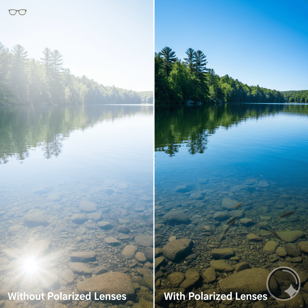 Comparison showing with-polarized vs without-polarized lens glare on water surface