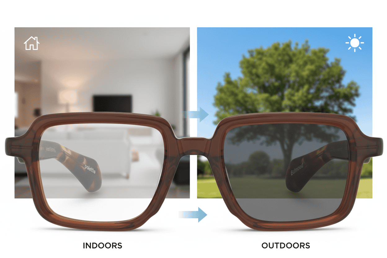 Photochromic lenses shown clear indoors and dark outdoors to illustrate automatic tint change
