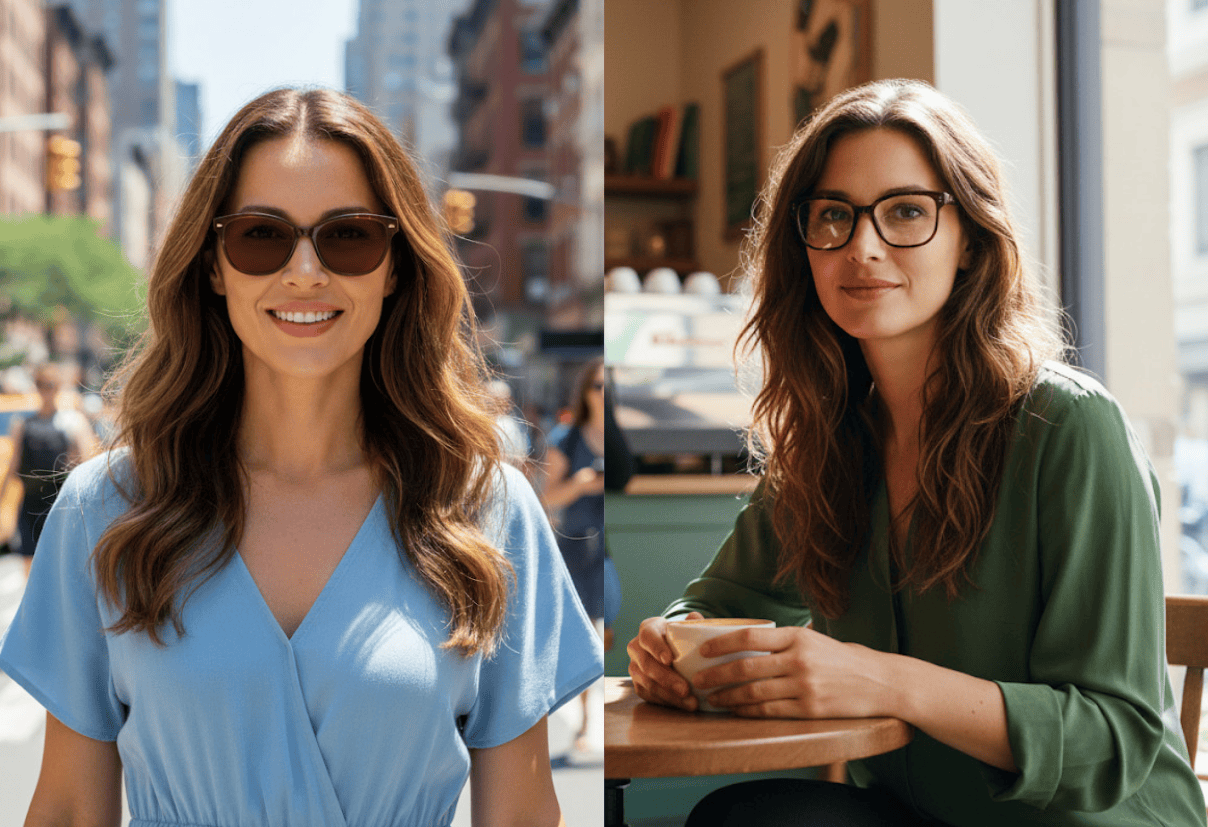 Side-by-side view of photochromic and polarized lens effects on sunglasses